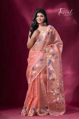 Peach with floral border muslin silk handwoven jamdani saree full3