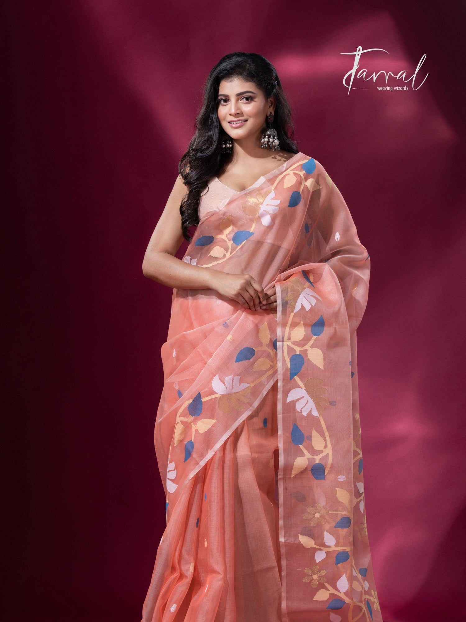 Peach with floral border muslin silk handwoven jamdani saree full4