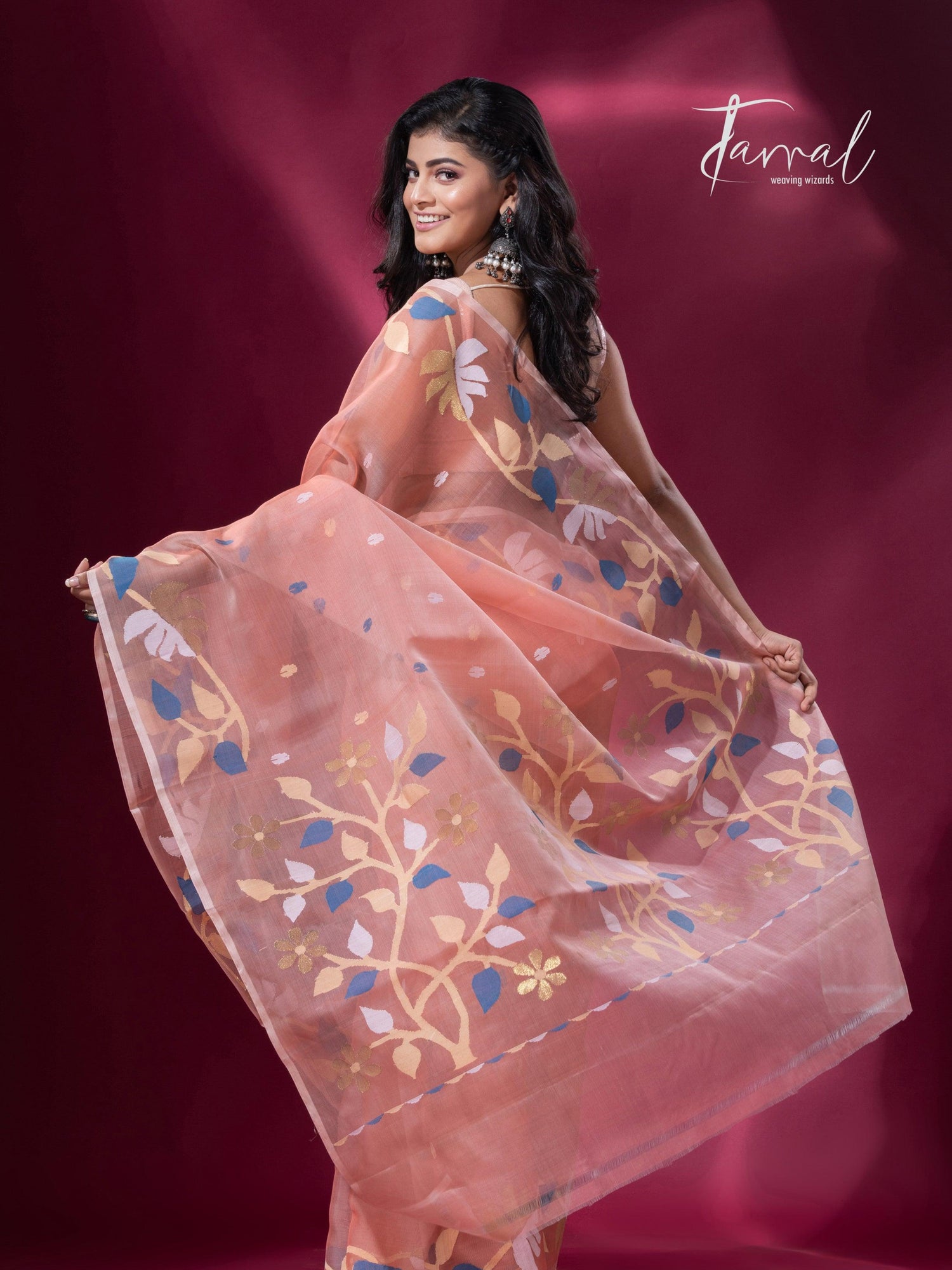 Peach with floral border muslin silk handwoven jamdani saree full5