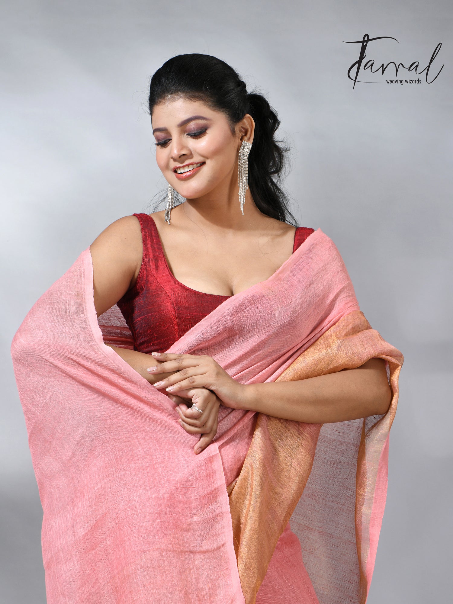 Peach with half golden zari border pure linen handloom saree