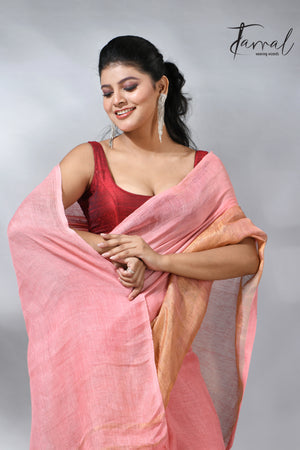 Peach with half golden zari border pure linen handloom saree