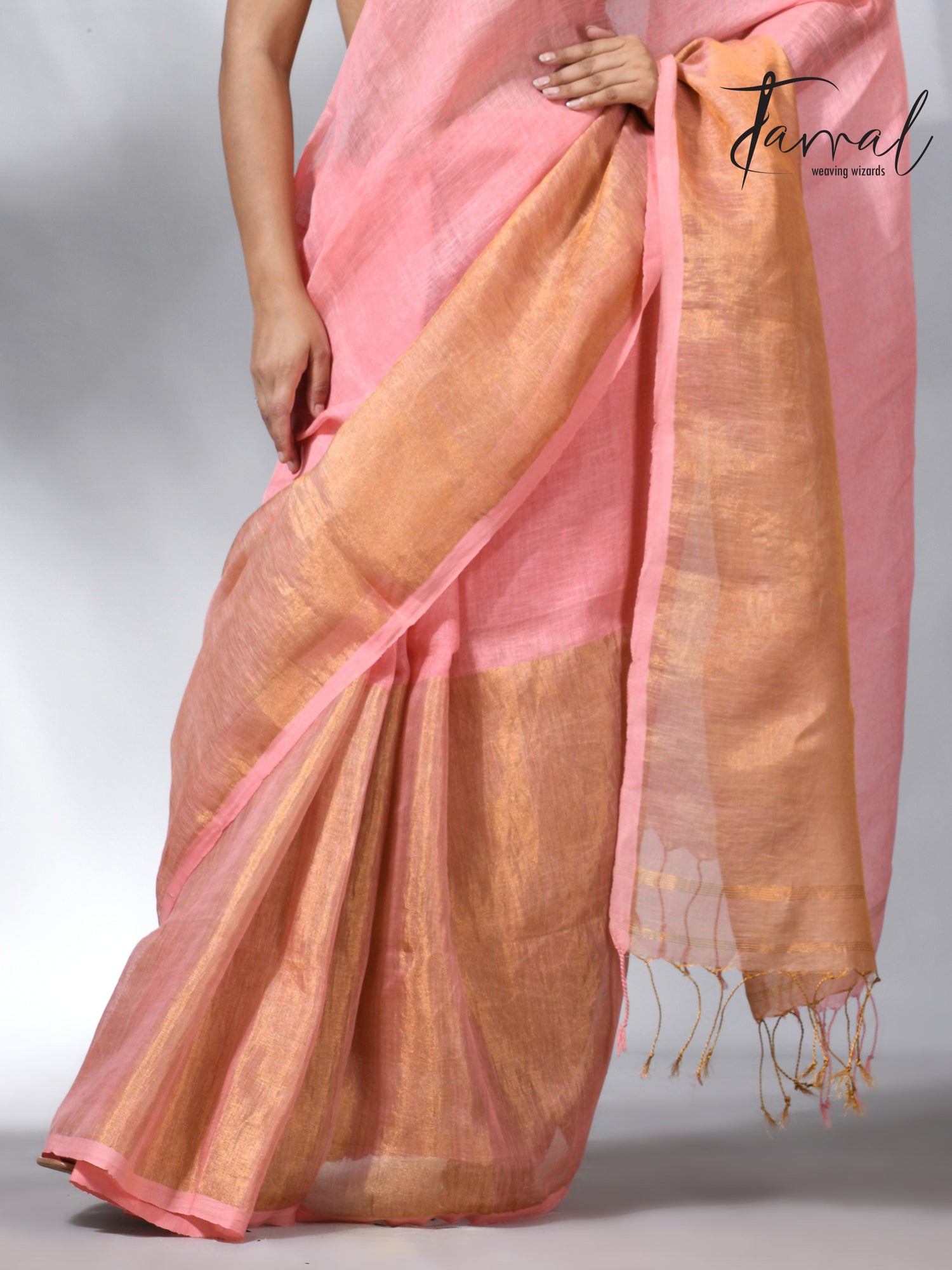 Peach with half golden zari border pure linen handloom saree