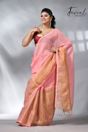 Peach with half golden zari border pure linen handloom saree