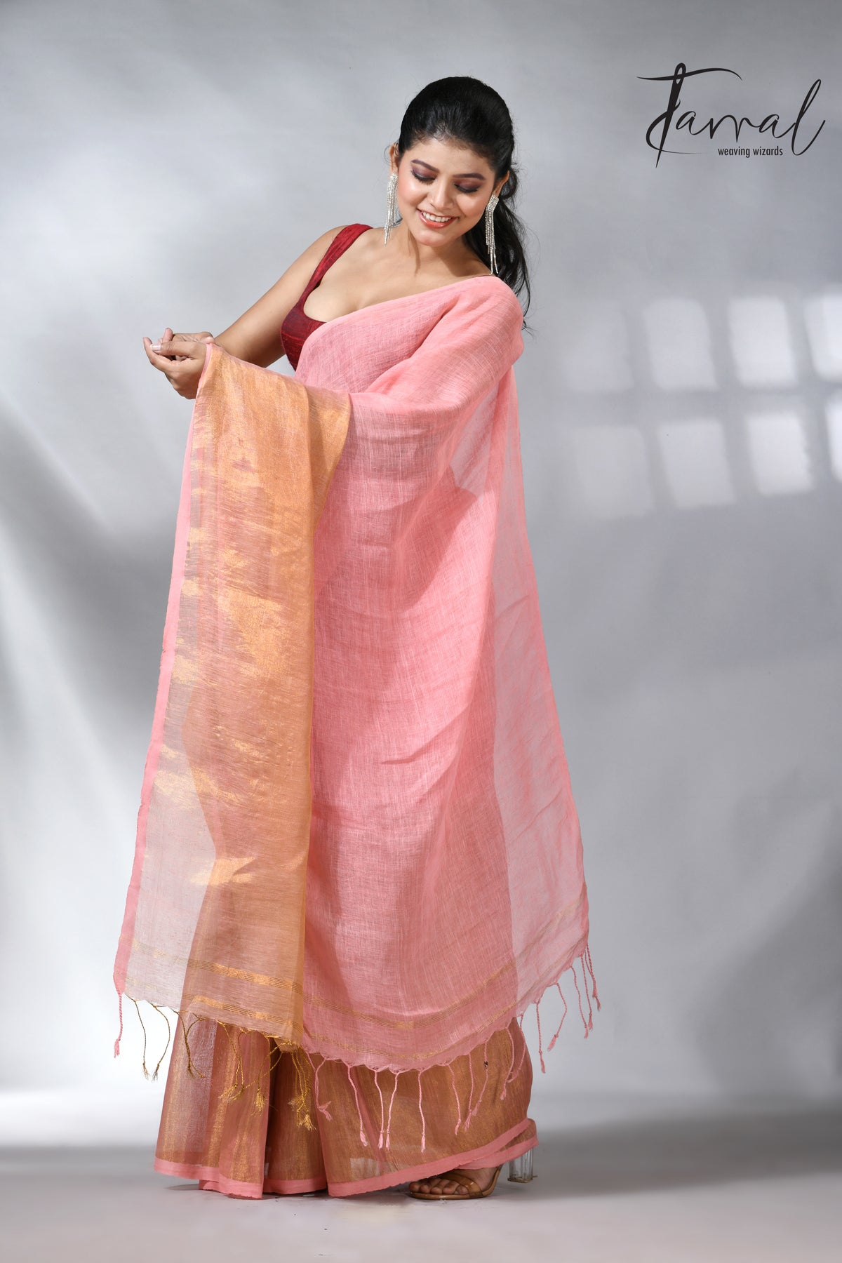 Peach with half golden zari border pure linen handloom saree