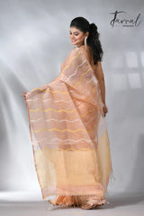 Peach zari border half silk & linen handwoven jamdani saree