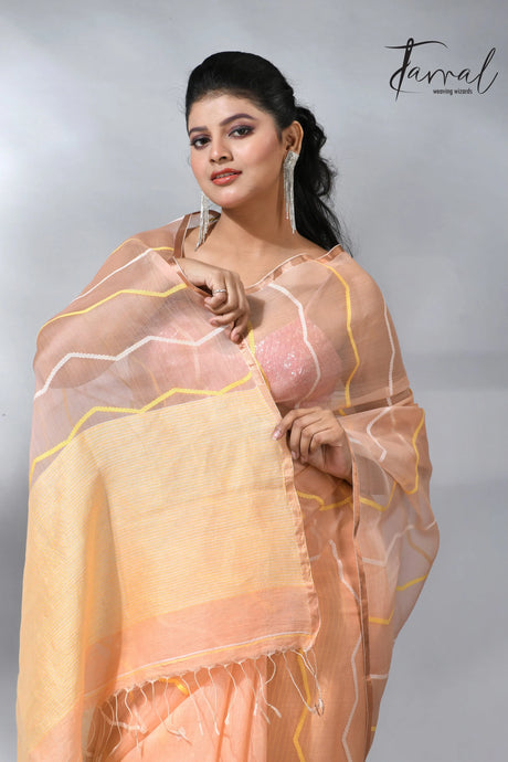 Peach zari border half silk & linen handwoven jamdani saree