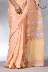 Peach zari border half silk & linen handwoven jamdani saree