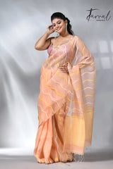 Peach zari border half silk & linen handwoven jamdani saree