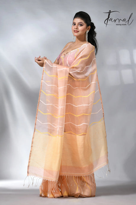 Peach zari border half silk & linen handwoven jamdani saree