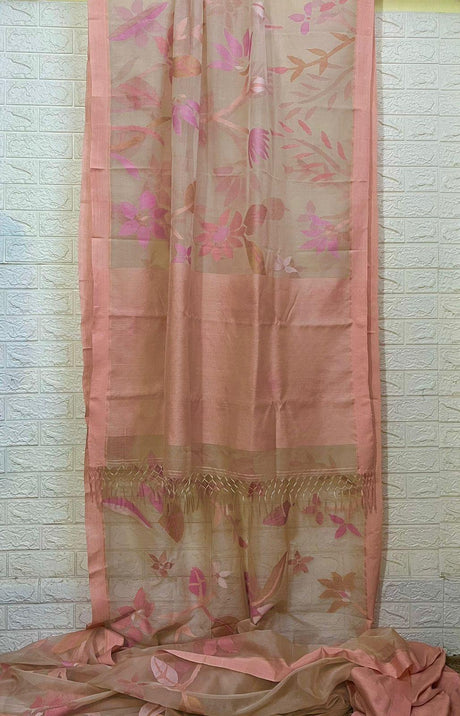 Peach self water lily with other floral allover muslin silk handwoven jamdani saree - Tamal Boutique
