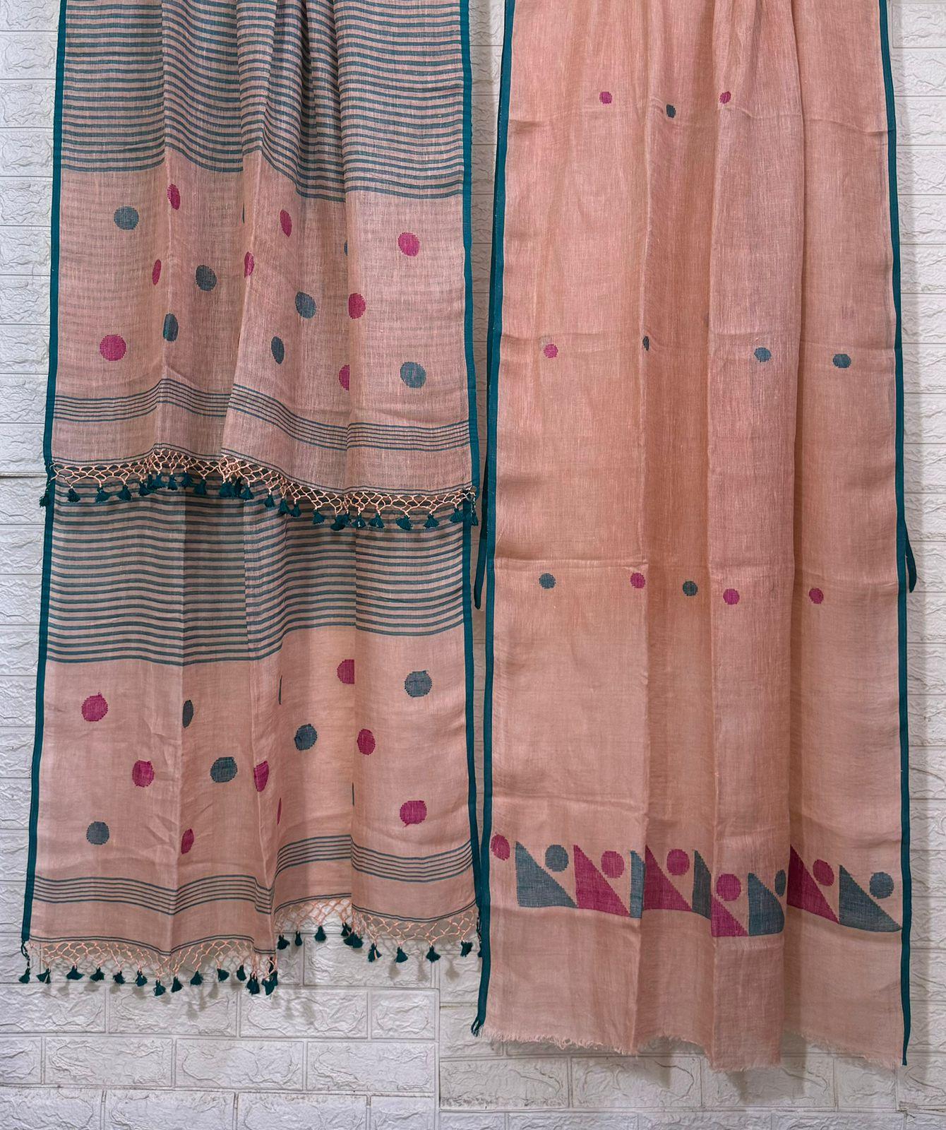 Peach to raja green linen kurti & dupatta handwoven jamdani set - Tamal Boutique