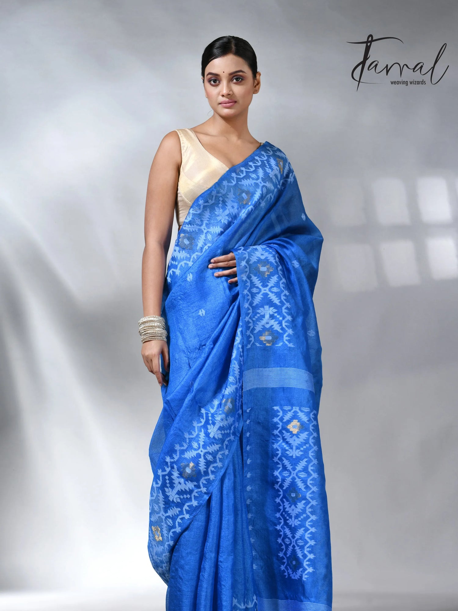 Peacock blue and white Dhakai tusser handwoven jamdani saree