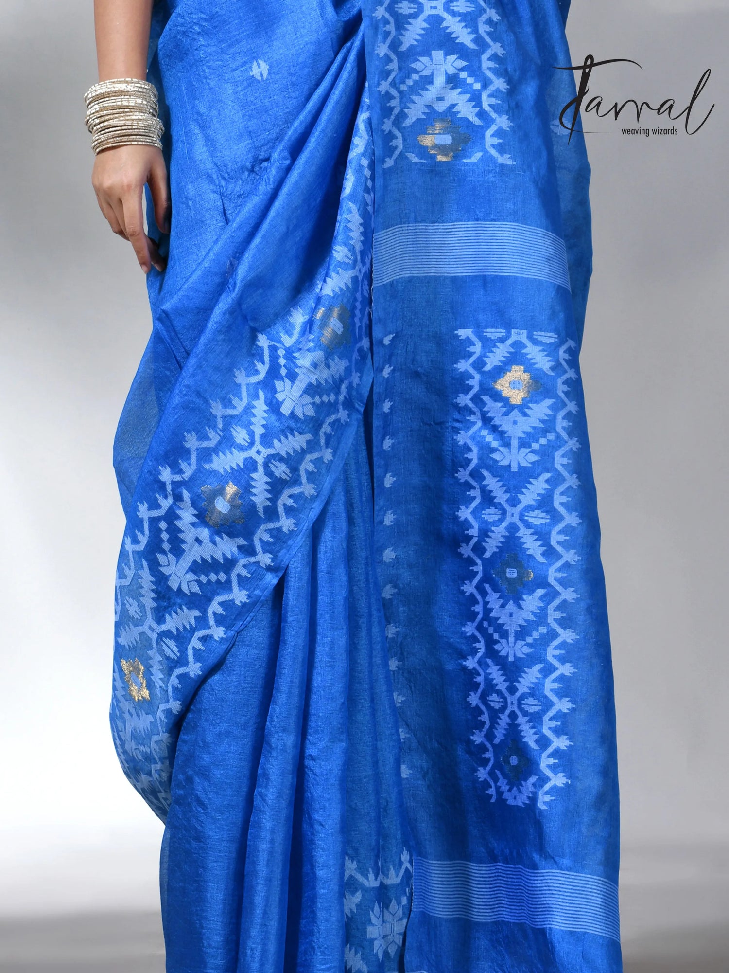 Peacock blue and white Dhakai tusser handwoven jamdani saree