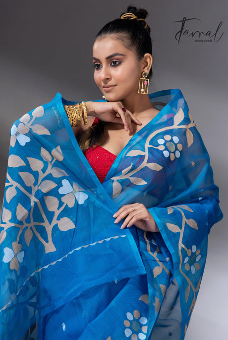 Peacock blue floral border muslin silk handwoven jamdani saree cls