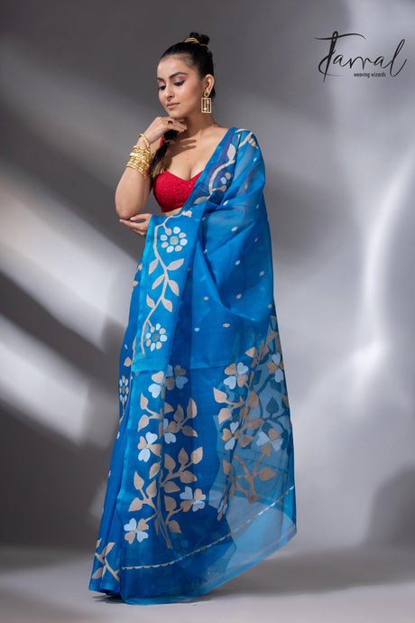 Peacock blue floral border muslin silk handwoven jamdani saree full
