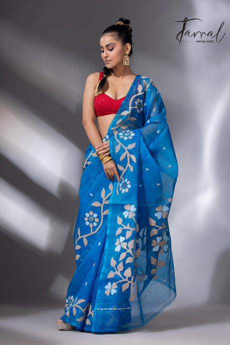 Peacock blue floral border muslin silk handwoven jamdani saree full4