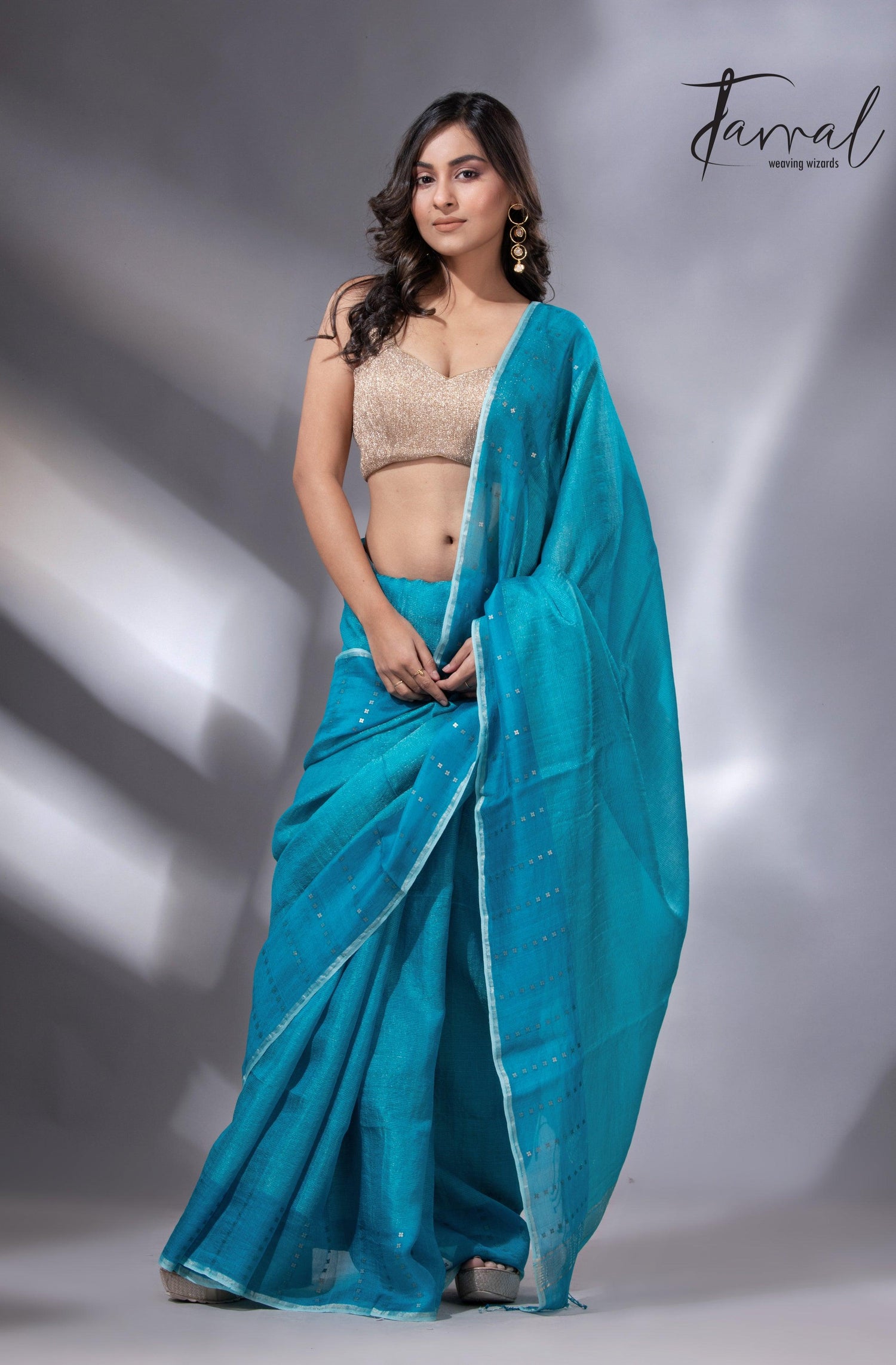 Peacock blue sequins border noil tusser zari silk handloom saree - Tamal Boutique