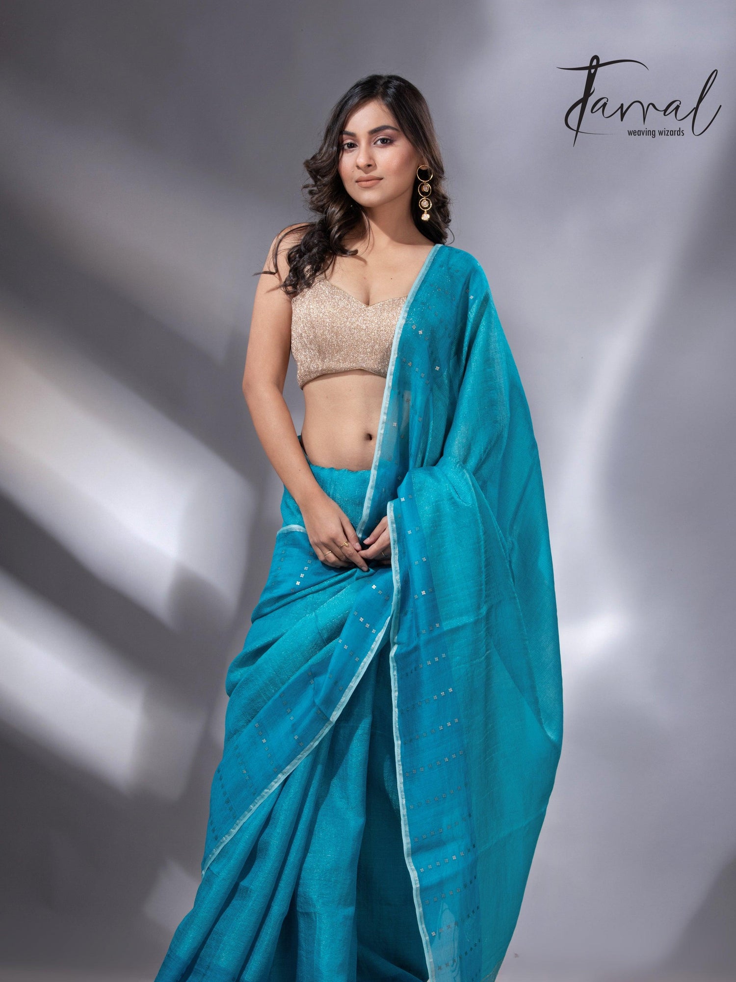 Peacock blue sequins border noil tusser zari silk handloom saree - Tamal Boutique