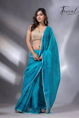 Peacock blue sequins border noil tusser zari silk handloom saree - Tamal Boutique