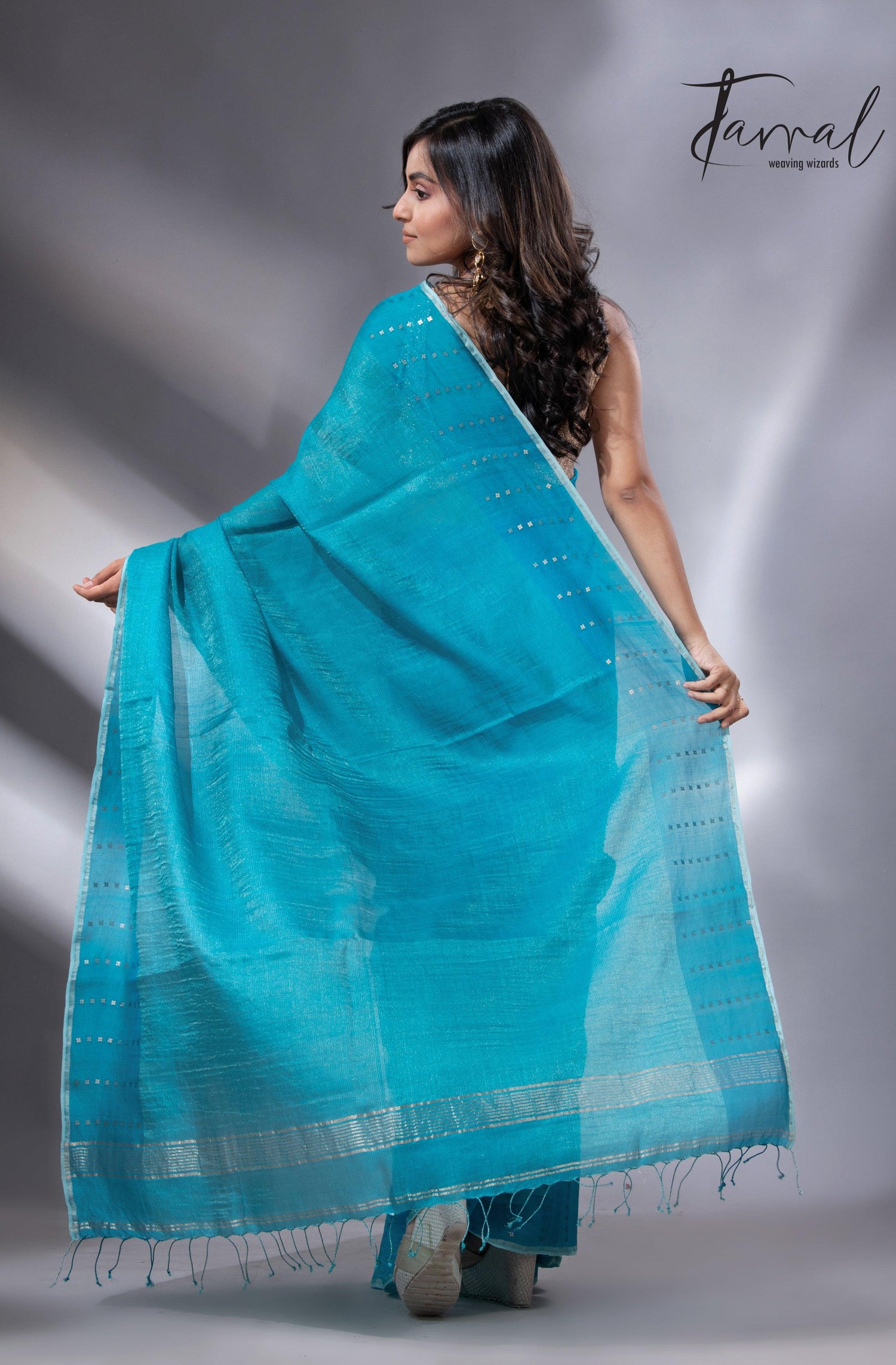 Peacock blue sequins border noil tusser zari silk handloom saree - Tamal Boutique