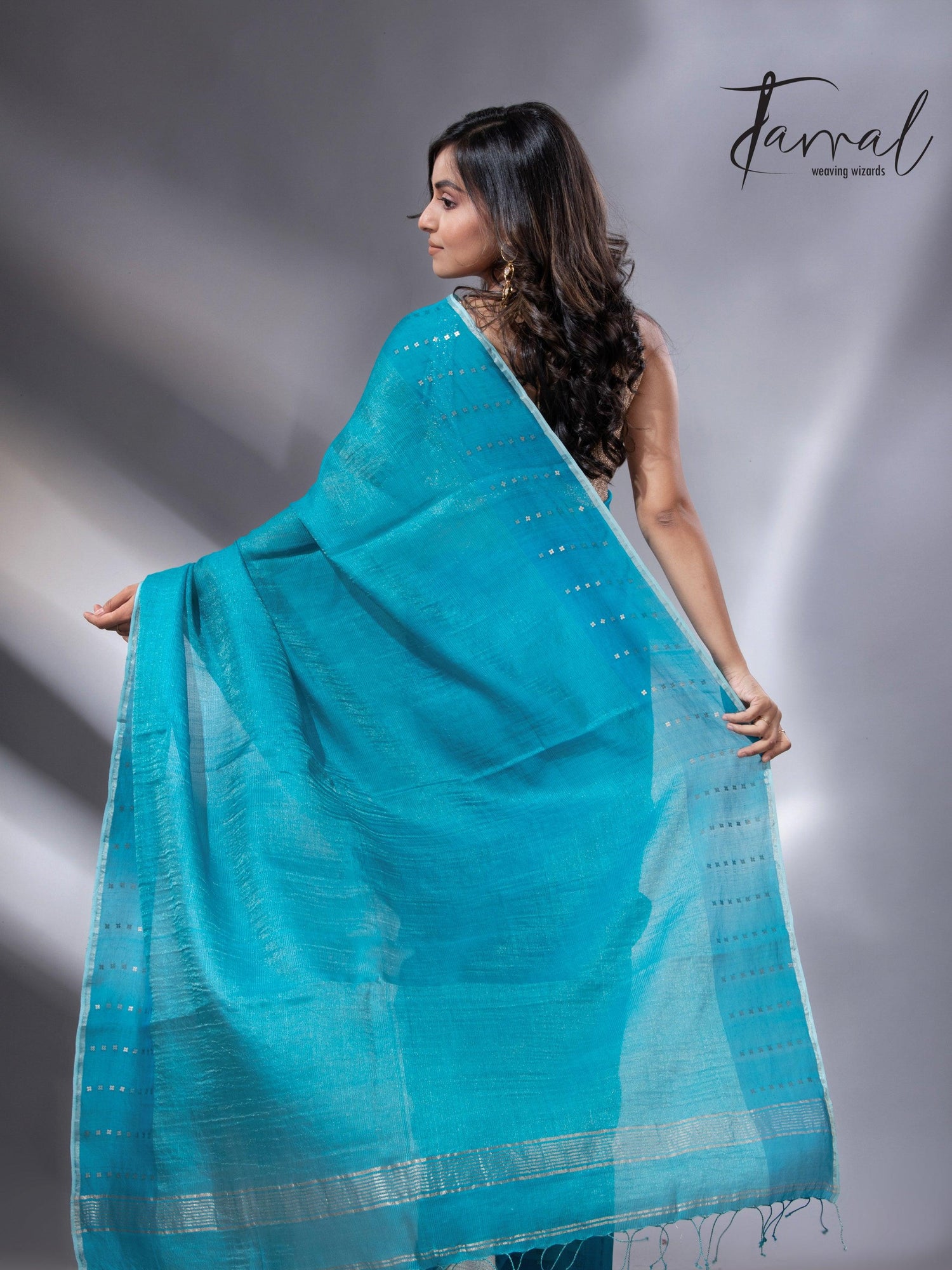 Peacock blue sequins border noil tusser zari silk handloom saree - Tamal Boutique