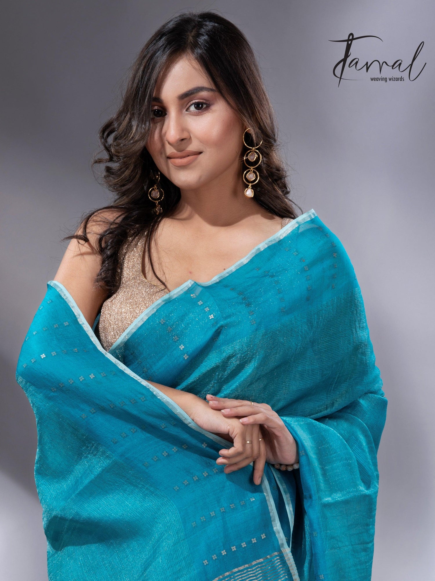 Peacock blue sequins border noil tusser zari silk handloom saree - Tamal Boutique