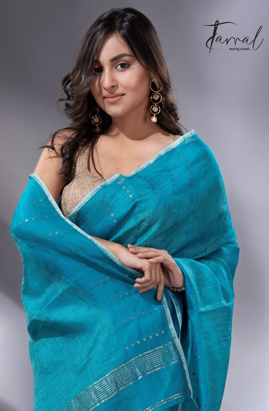 Peacock blue sequins border noil tusser zari silk handloom saree - Tamal Boutique