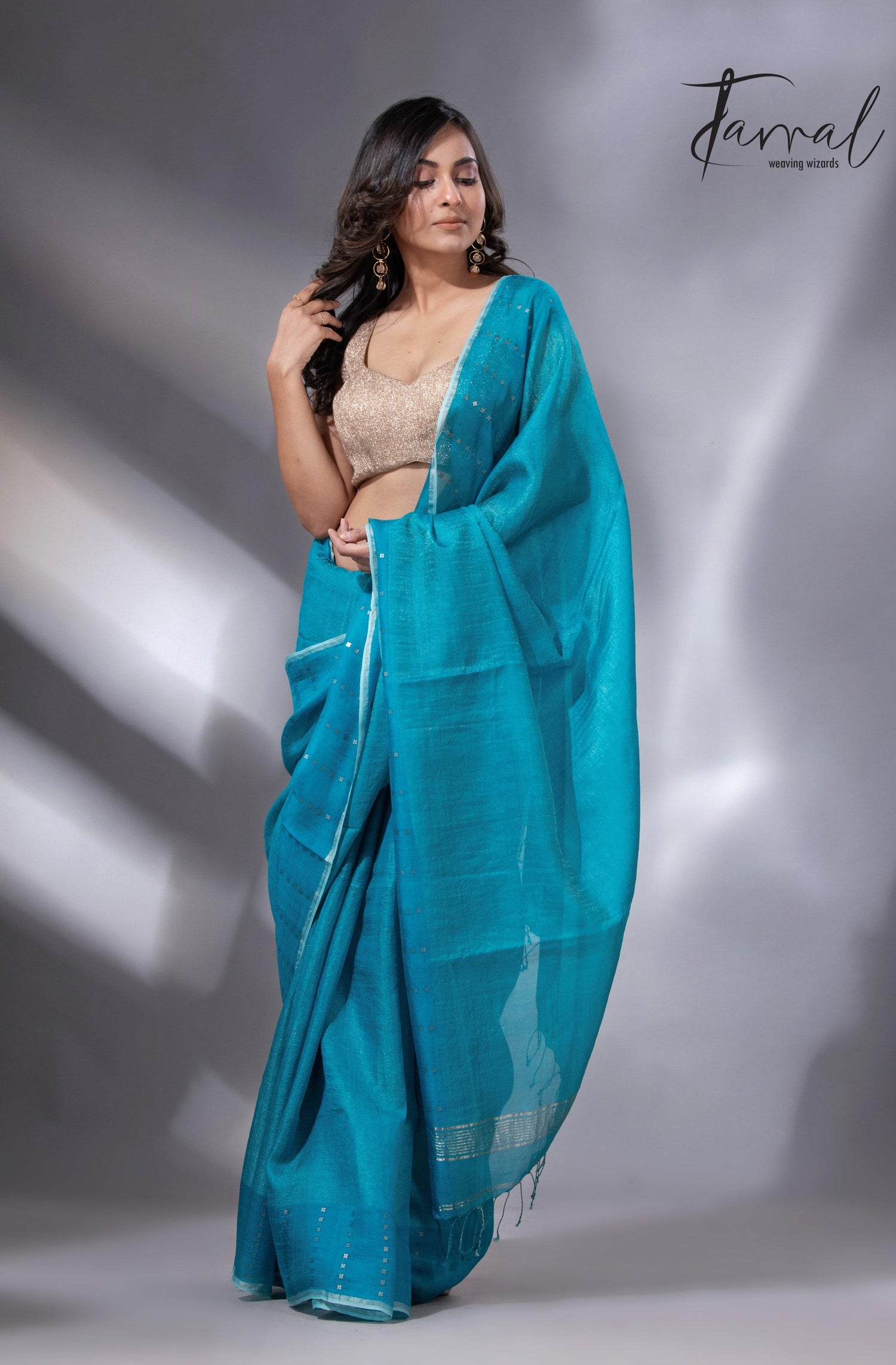Peacock blue sequins border noil tusser zari silk handloom saree - Tamal Boutique