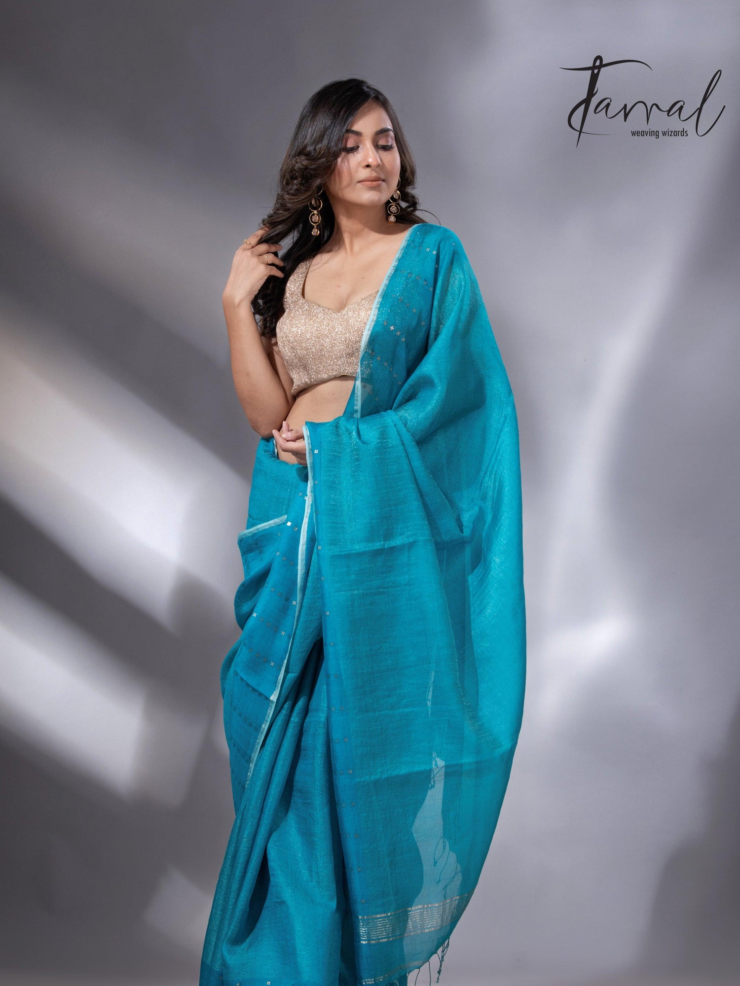 Peacock blue sequins border noil tusser zari silk handloom saree - Tamal Boutique