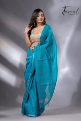 Peacock blue sequins border noil tusser zari silk handloom saree - Tamal Boutique