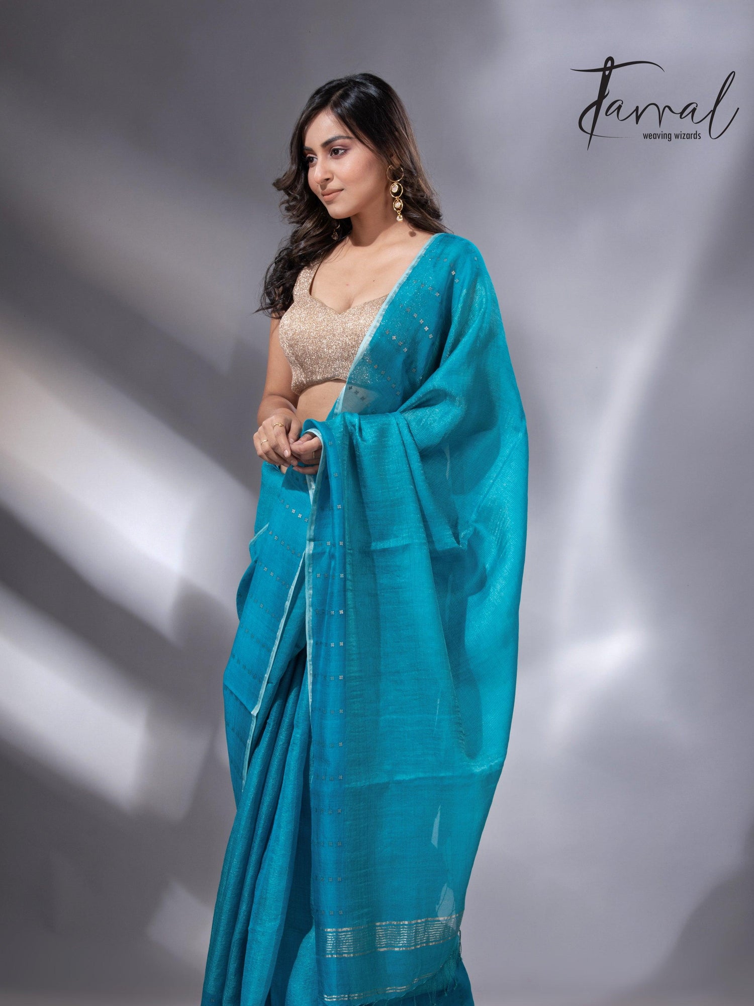 Peacock blue sequins border noil tusser zari silk handloom saree - Tamal Boutique