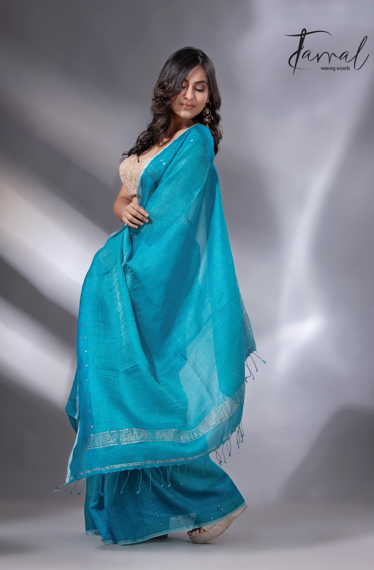 Peacock blue sequins border noil tusser zari silk handloom saree - Tamal Boutique