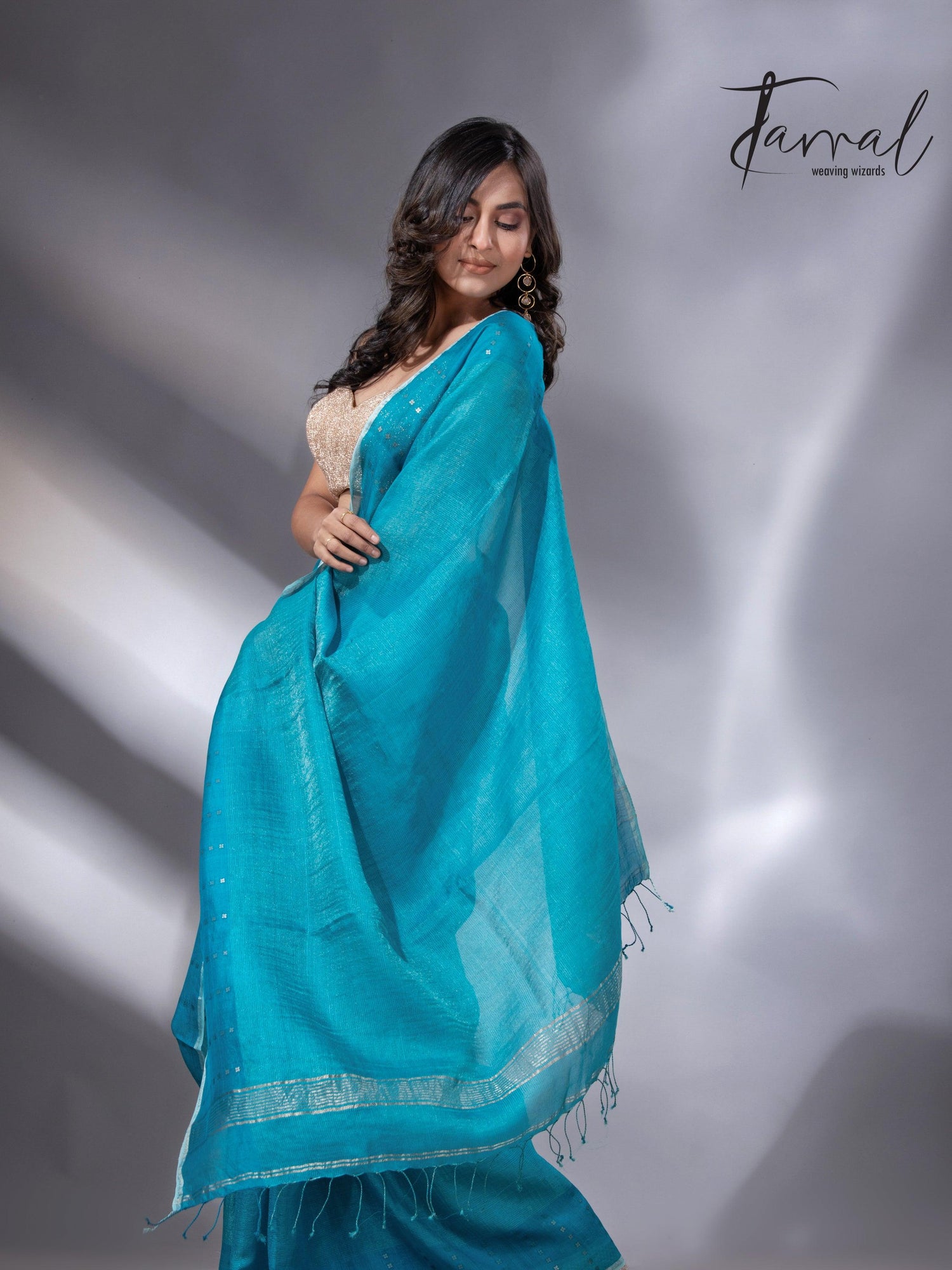 Peacock blue sequins border noil tusser zari silk handloom saree - Tamal Boutique