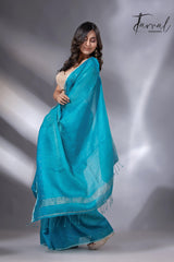Peacock blue sequins border noil tusser zari silk handloom saree - Tamal Boutique