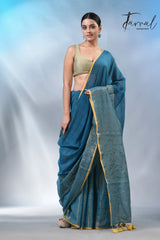 Peacock blue with yellow border in mul cotton handloom saree