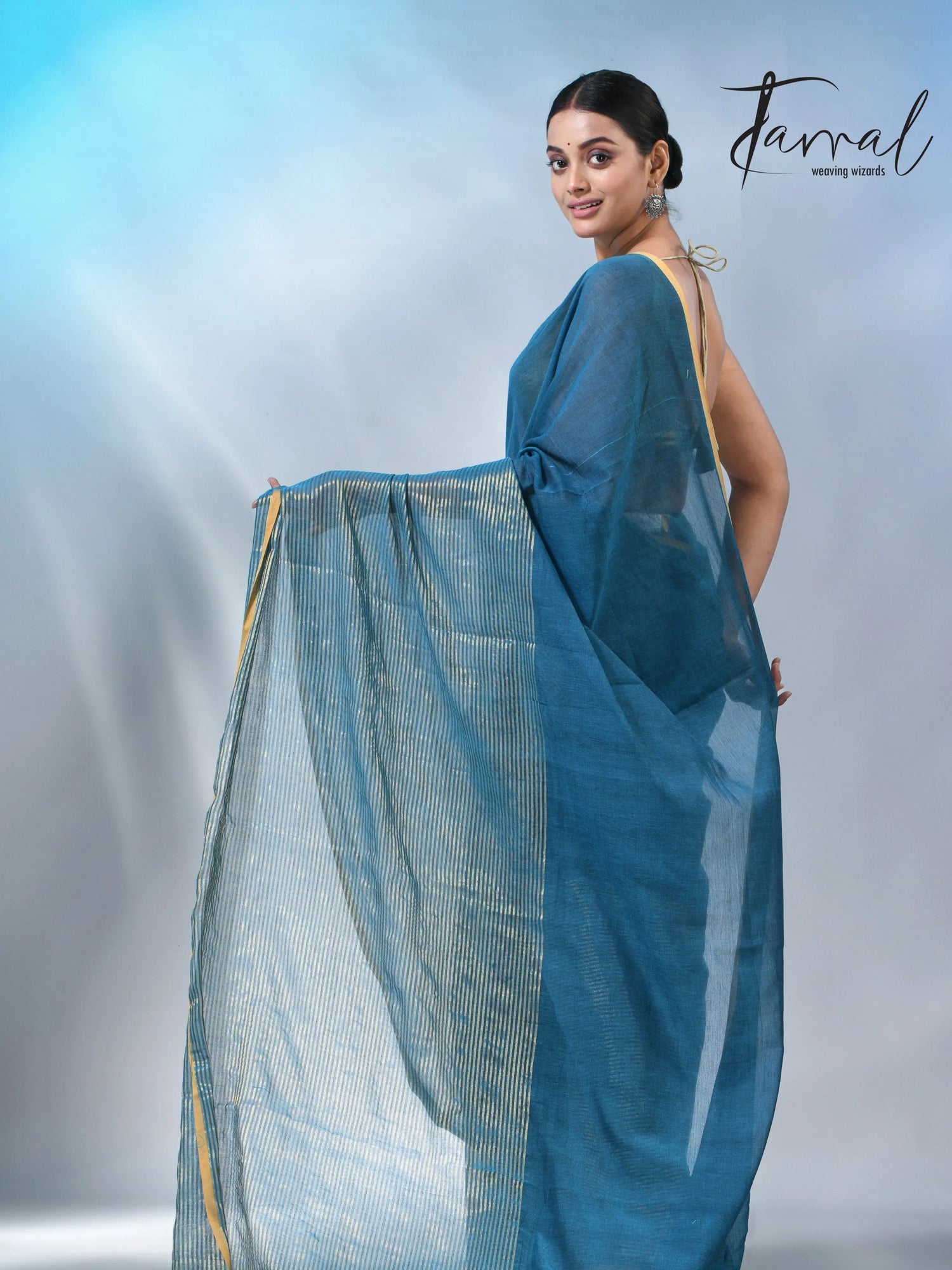 Peacock blue with yellow border in mul cotton handloom saree
