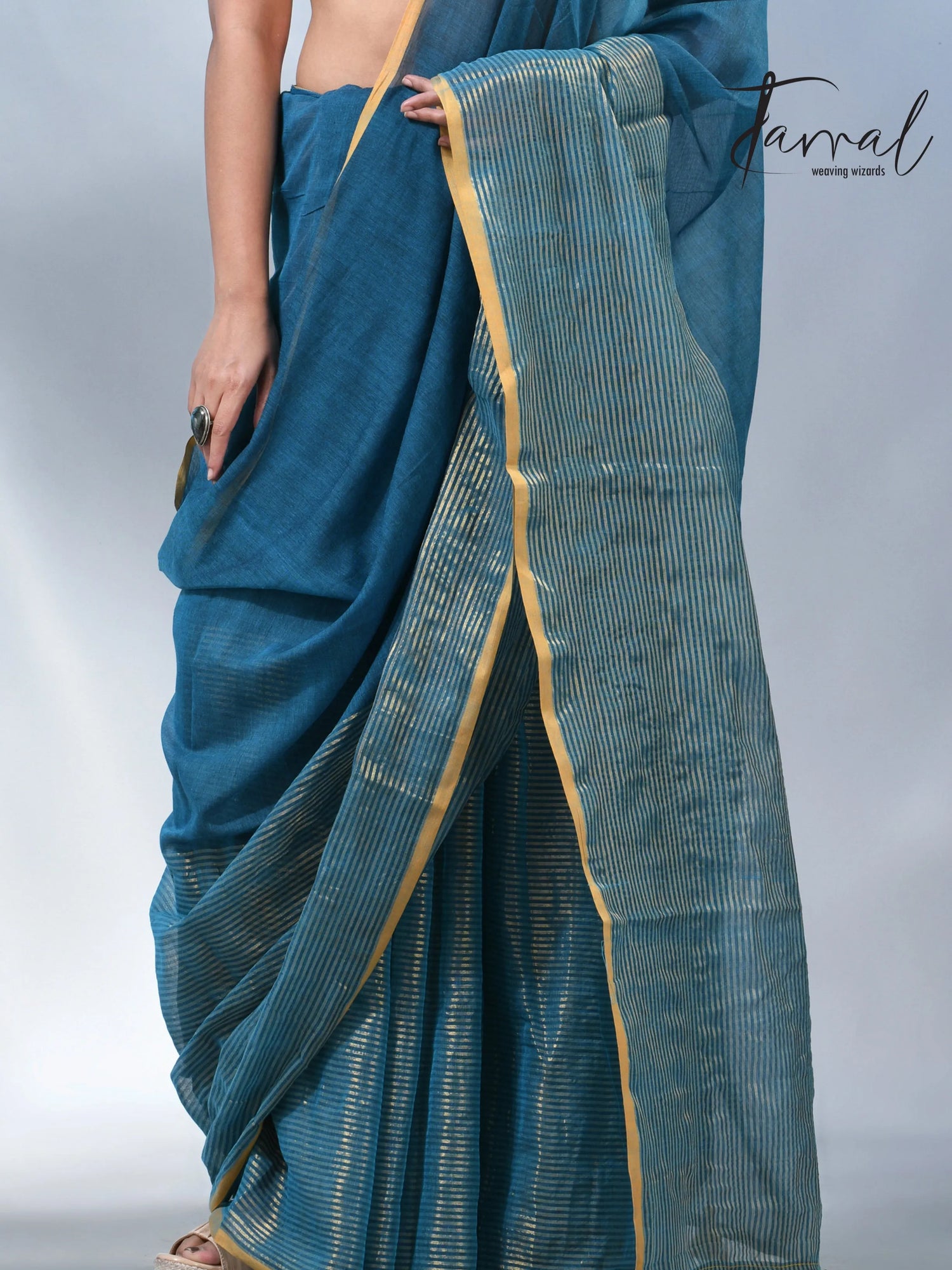 Peacock blue with yellow border in mul cotton handloom saree