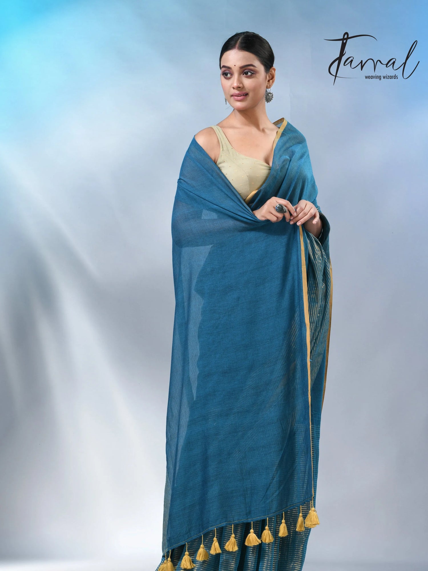 Peacock blue with yellow border in mul cotton handloom saree