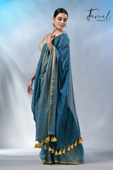 Peacock blue with yellow border in mul cotton handloom saree