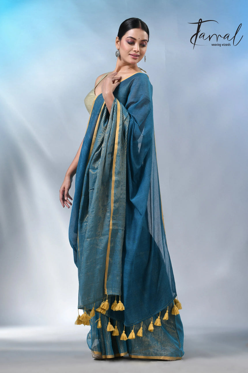 Peacock blue with yellow border in mul cotton handloom saree