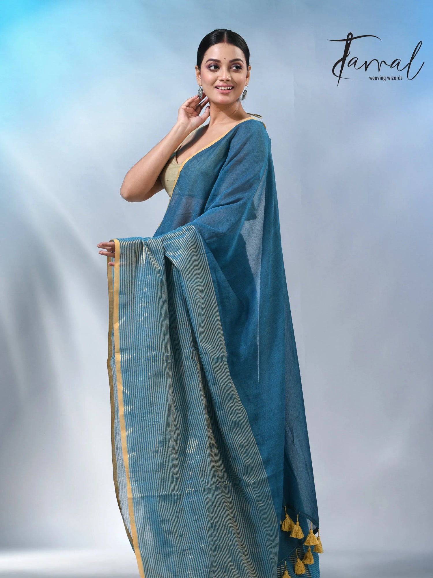 Peacock blue with yellow border in mul cotton handloom saree