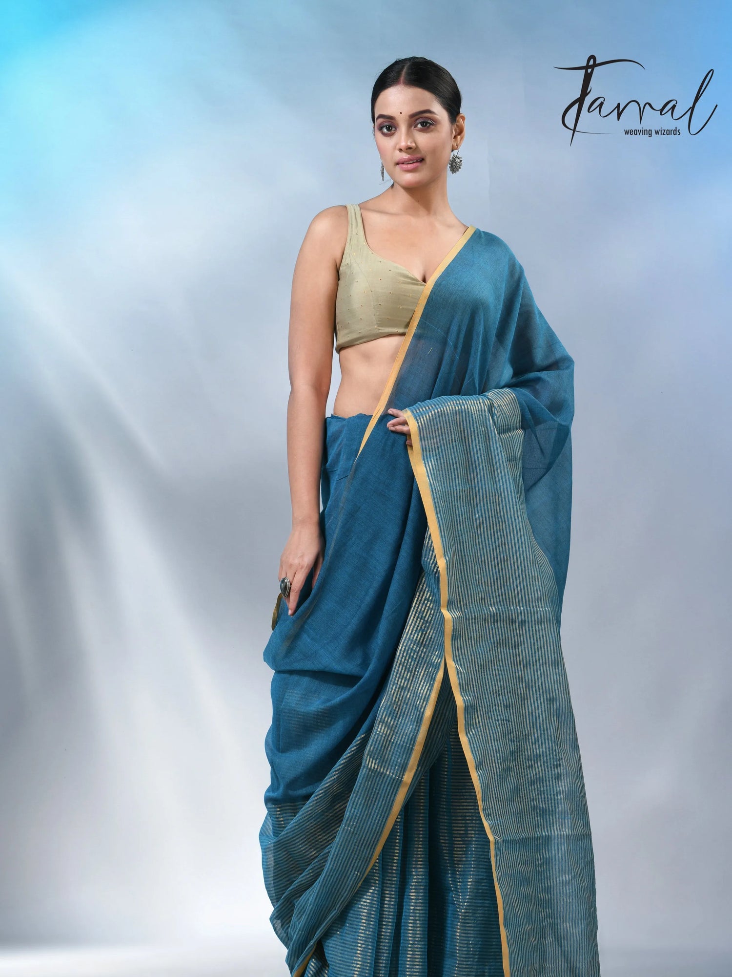 Peacock blue with yellow border pure mul cotton handloom saree