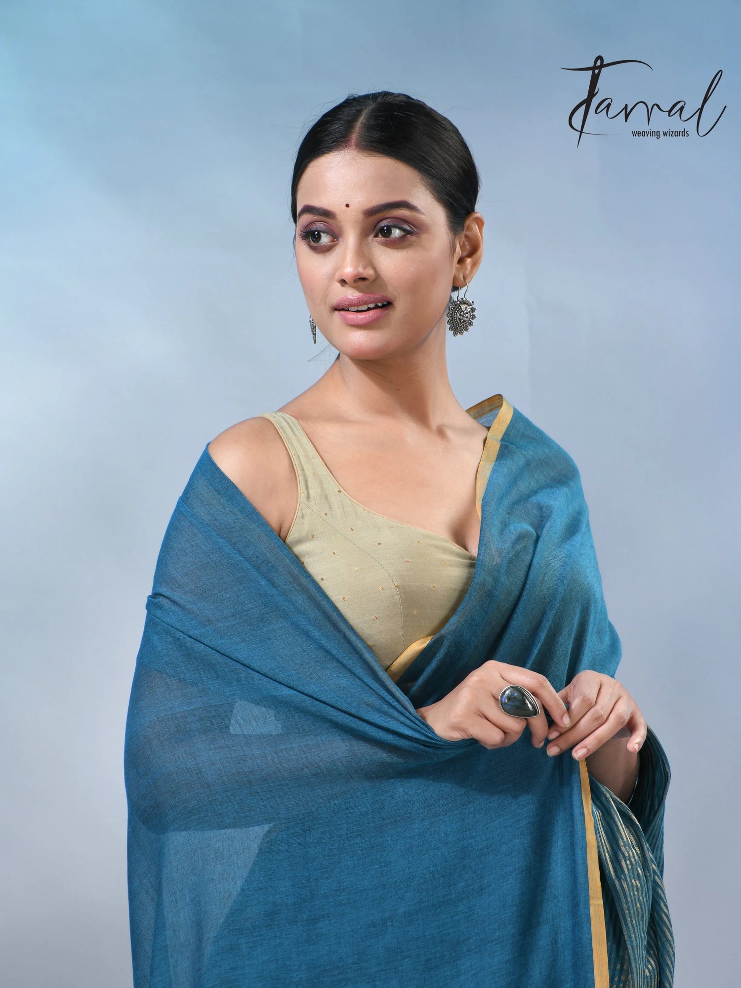 Peacock blue with yellow border pure mul cotton handloom saree