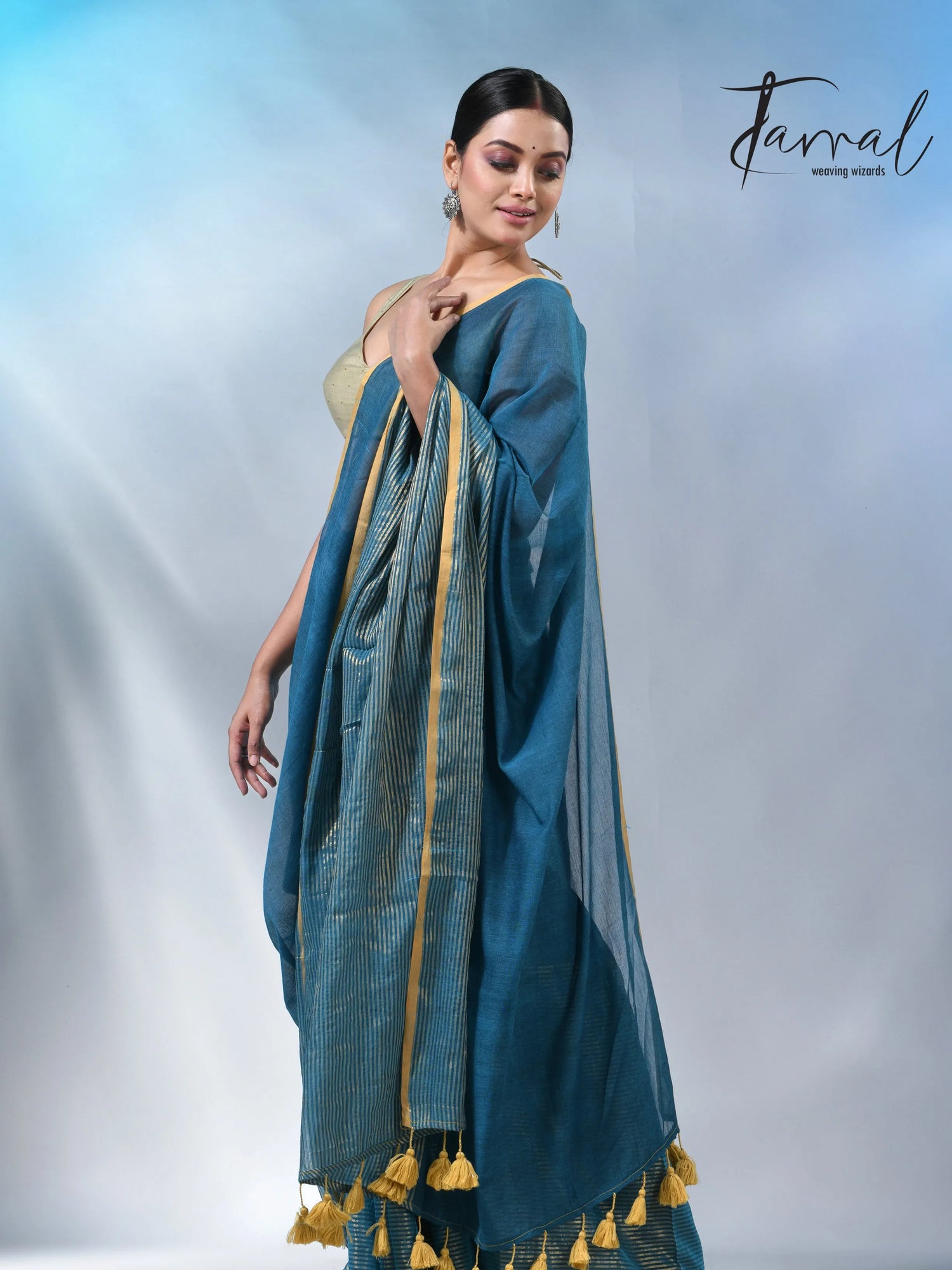 Peacock blue with yellow border pure mul cotton handloom saree