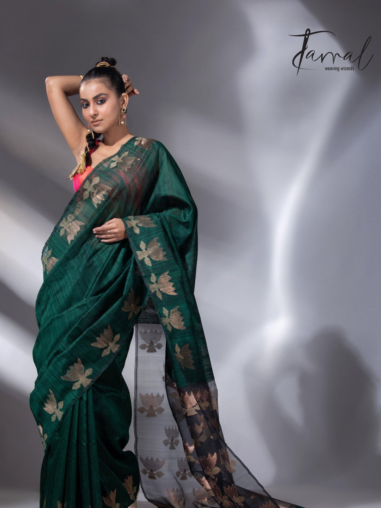 Peacock green with gold lotus handwoven matka silk jamdani saree - Tamal Boutique