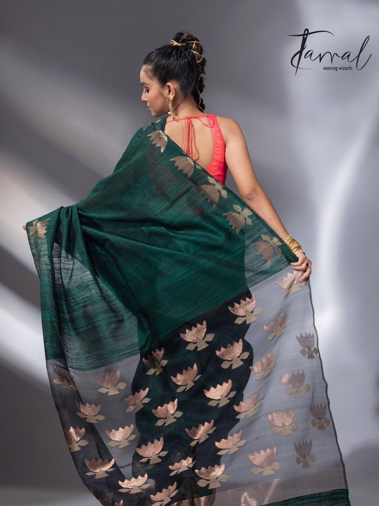 Peacock green with gold lotus handwoven matka silk jamdani saree - Tamal Boutique