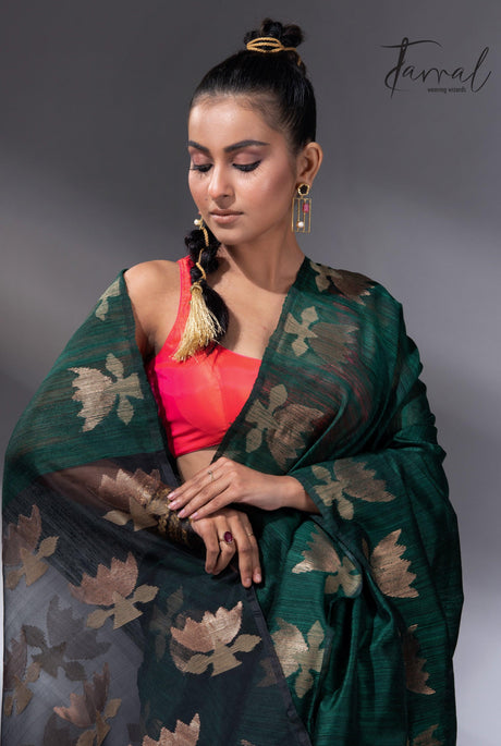 Peacock green with gold lotus handwoven matka silk jamdani saree - Tamal Boutique