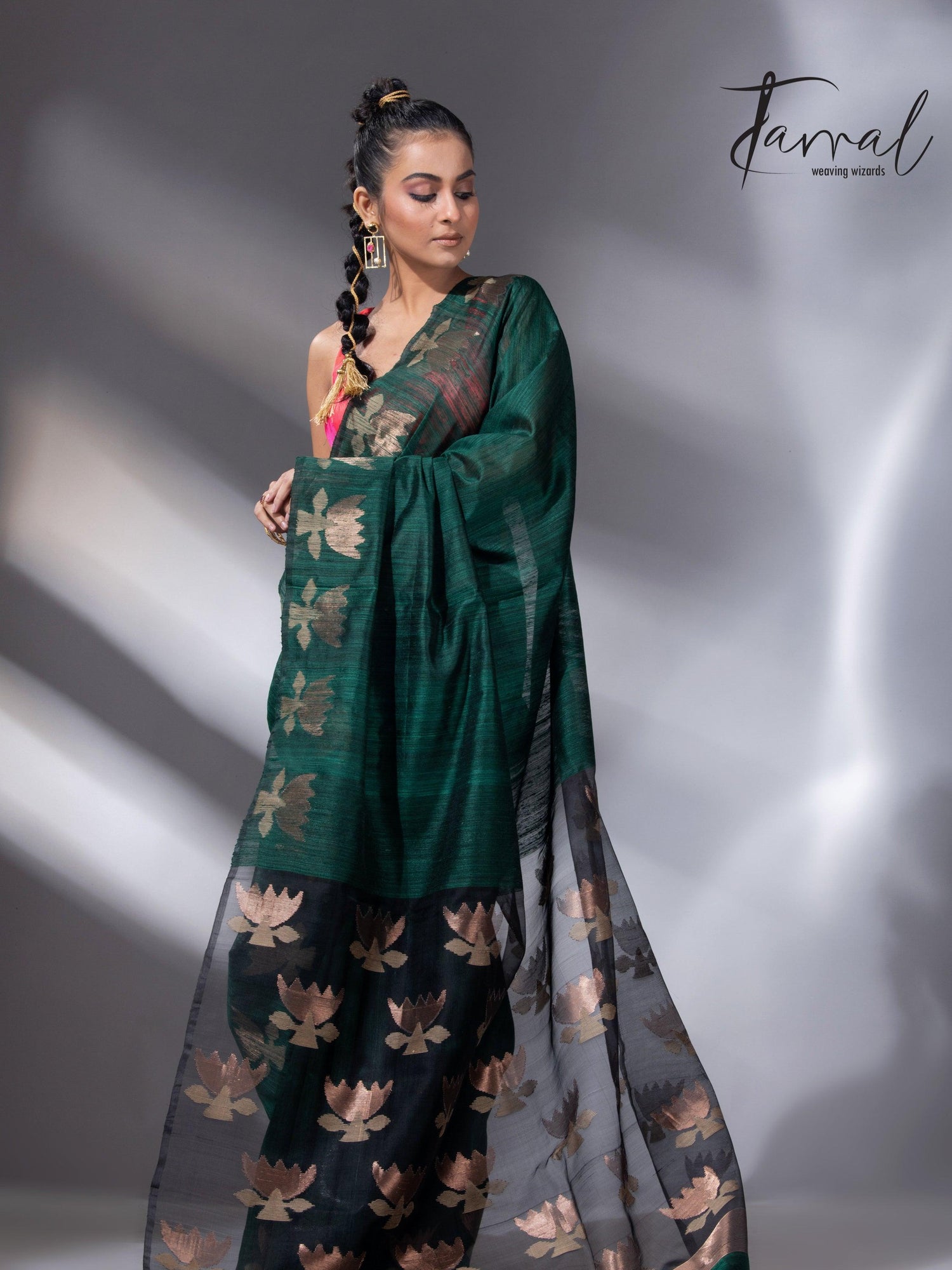 Peacock green with gold lotus handwoven matka silk jamdani saree - Tamal Boutique
