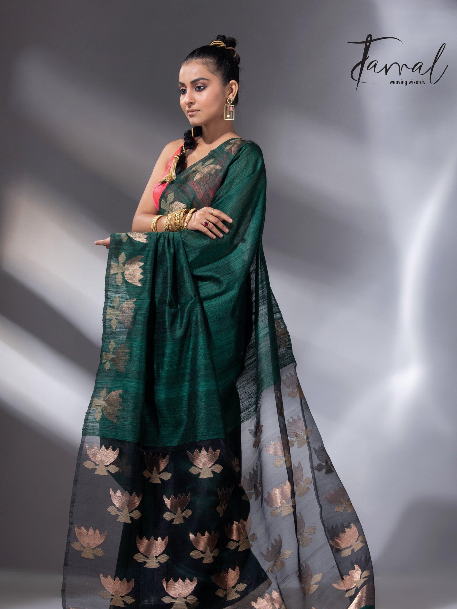 Peacock green with gold lotus handwoven matka silk jamdani saree - Tamal Boutique