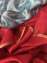 Peacock blue with red pallu border floral handwoven jamdani saree - Tamal Boutique
